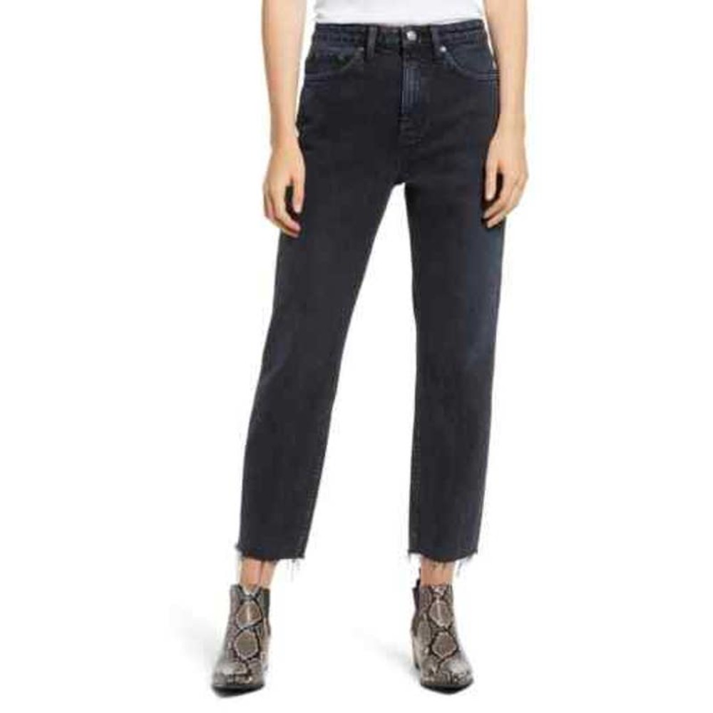 NWT Topshop Petite Cropped Straight Jeans with Raw Hem Washed Black Size 32P